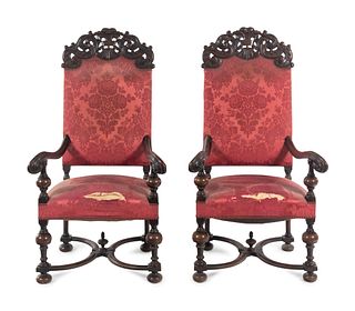 A Pair of William and Mary Style Carved Walnut Armchairs