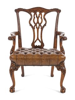 A George II Style Leather Upholstered Mahogany Armchair