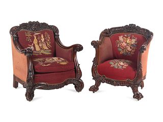 A Rococo Revival Carved Walnut Three-Piece Seating Suite in the Style of Karpen