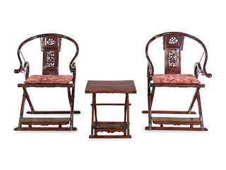 A Pair of Chinese Horseshoe-Back Armchairs and a Matching Folding Table