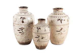 Three Chinese Cizhou Pottery Storage Jars