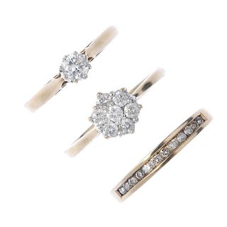 A selection of 9ct gold diamond rings. To include a brilliant-cut diamond floral cluster ring, a bri