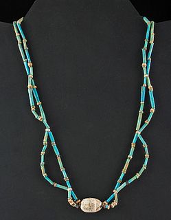 Egyptian Glazed Faience Bead Necklace w/ Scarab Pendant