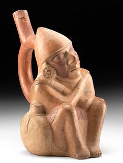 Moche Polychrome Stirrup Vessel of a Seated Warrior