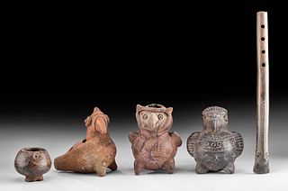 5 Costa Rican & Colima Pottery Zoomorphic Flutes & Jars