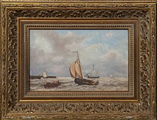 Adrianus Marijnissen (1899-1978, Dutch), "A Windy Day in the Harbor," 20th c., oil on board, signed lower right, presented in a gilt frame, H.- 5 7/8 