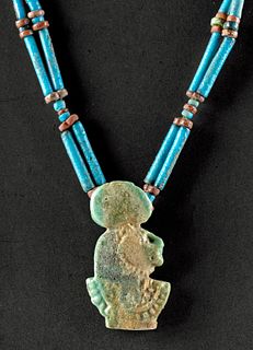 Egyptian Glazed Faience Bead Necklace w/ Sekhmet Amulet