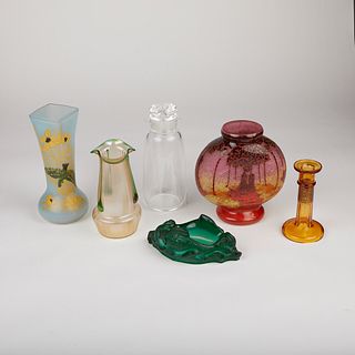 Grp: 6 Deco Art Glass Vases Candlestick & Decanter