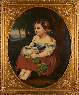 19th c. Continental School Girl with Rabbit Painting