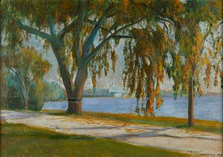 19th c. Impressionist Riverside Oil on Canvas - Signed