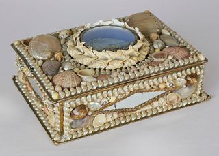 Shell Encrusted Lift Top Jewelry Box, 19th Century