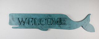 Verdigris Patinated Metal Whale "Welcome" Plaque
