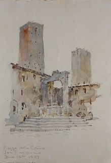 Vintage Watercolor "Piazza della Cisterna, San Gimignano, June 15th 1957"