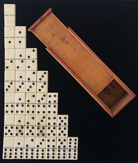 Complete Set of Double Six Robust Antique Whalebone and Ebony Dominoes
