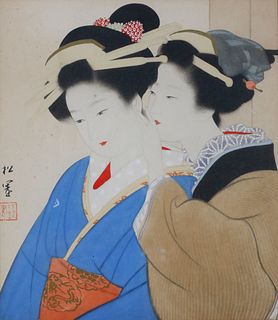 Fine Antique Japanese Watercolor and Gouache Painting of Two Young Women "The Secret"