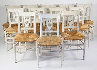 Set of 12 French Provincial Style Rush Seat Dining Chairs