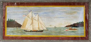 Primitive Oil on Sailcloth of the American Schooner "Jessie Costa", 19th century