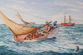 John Hutchinson Watercolor on Paper "Trolling for Bluefish Near the Cross Rip"