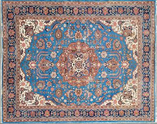 Vintage Blue and Rust Hue Hand Knotted Wool Persian Tabriz Carpet