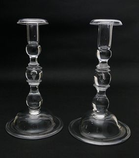 Pair of Steuben Tall Bell Base Clear Crystal Candlesticks