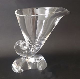 Signed Steuben Clear Crystal Snail Scroll Form Art Glass Vase