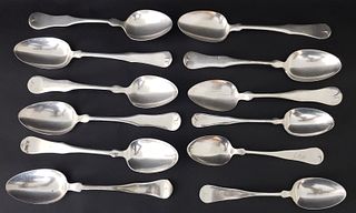 12 Coin Silver Serving and Tablespoons, 19th Century