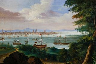 H. Wimer Oil on Canvas "European Harbor Scene", 19th Century