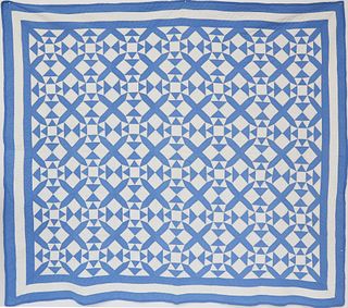 Cadet Blue and White "Crosses and Bow Ties" Patchwork Quilt, circa 1930s