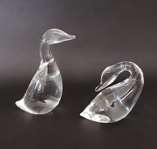 Pair of Lloyd Atkins Signed Steuben Clear Crystal Geese Figurines