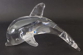 Signed Steuben Clear Crystal Breaching Dolphin Figurine Paperweight