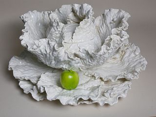 Contemporary Ceramic Cabbage Covered Bowl and Underplate