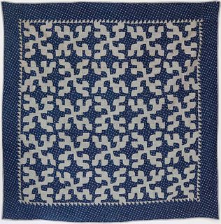 Antique Blue Calico "Monkey Wrench" Pattern Patchwork Quilt, 19th Century