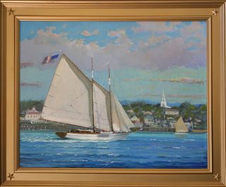 William Lowe Oil on Canvas "Sailing Past the Nantucket Yacht Club"