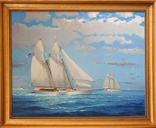 William Lowe Oil on Linen "Schooners Exiting Nantucket Harbor"