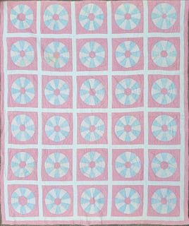 Pink and White Calico Dresden Plate Quilt, circa 1930s