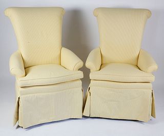 Pair of Yellow and White Ticking Upholstered High Back Skirted Wing Chairs