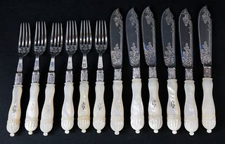 English Sterling Silver Fish Service with Mother-of-Pearl Handles