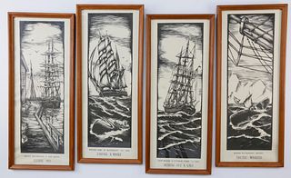 Set of Four Vintage Bark Wanderer Whaling Woodblock Prints