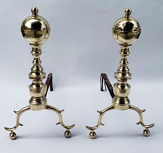 Pair of Boston Brass Ball and Finial Top Andirons, early 19th Century