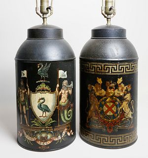 Pair of Vintage Hand Decorated Tin Tea Canister Lamps