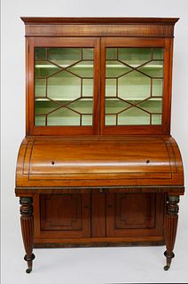 English Blonde Mahogany Cylinder Desk Secretary Bookcase, 19th century