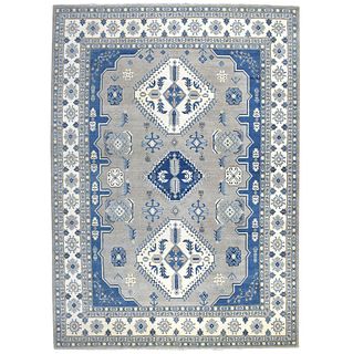 Hand Knotted Gray and Blue Vintage Style Wool Kazak Oriental Carpet