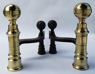 Pair of Boston Brass Ball Top Lighthouse Form Andirons, early 19th century