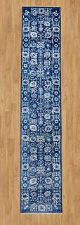 Hand Knotted Blue Tone on Tone Wool and Silk Tabriz Runner Carpet