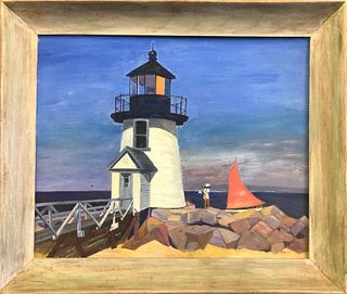 Nantucket Oil on Board "Brant Point Lighthouse"