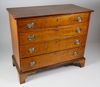 American Tiger Maple and Cherry Country Chippendale Chest of Drawers, circa 1800