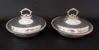 Pair of English Silver Plated Round Covered Condiment Dishes