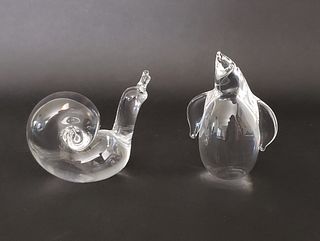 Signed Steuben Clear Crystal Penguin and Snail Figurine Paperweight Hand Cooler