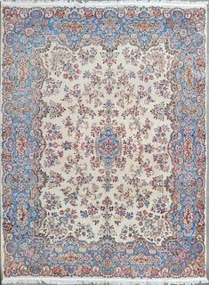Vintage Floral Hand Knotted Wool Persian Kerman Carpet