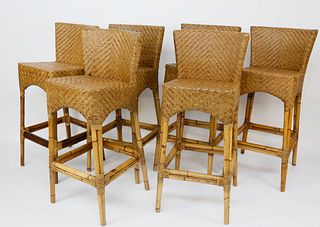 Six Contemporary Bamboo and Rattan Barstools